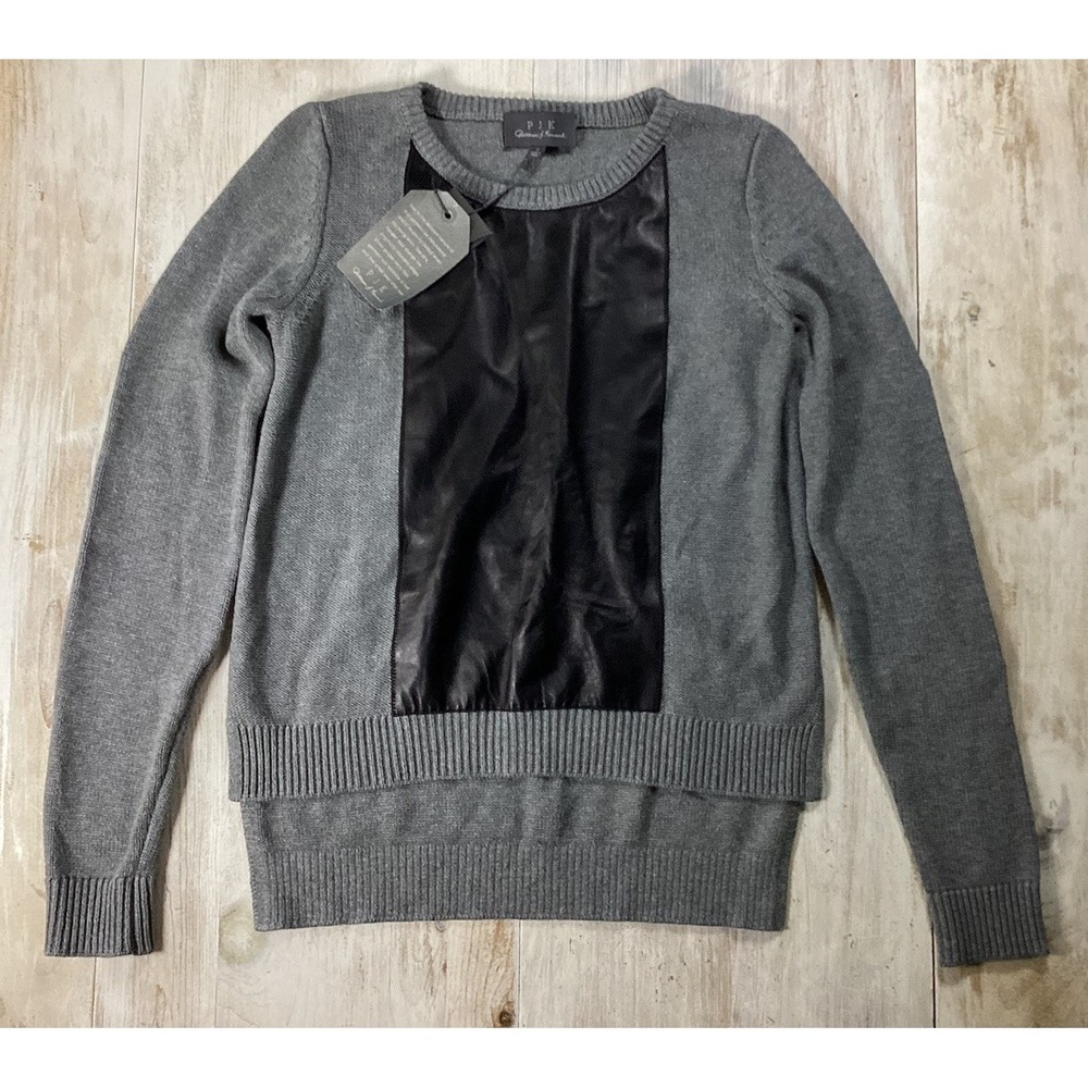 New Patterson J Kincaid Gray Knit High Low Top With Black Leather Womens Small